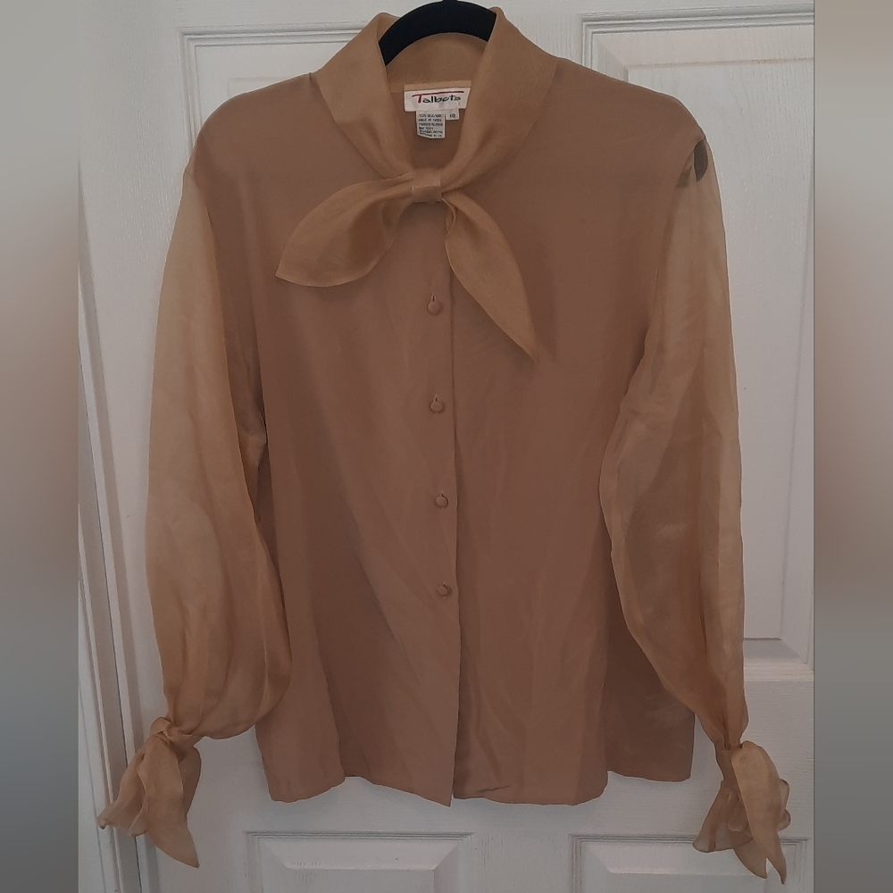 Vintage Talbots Women's 100% Silk Tan Blouse with Bow Details